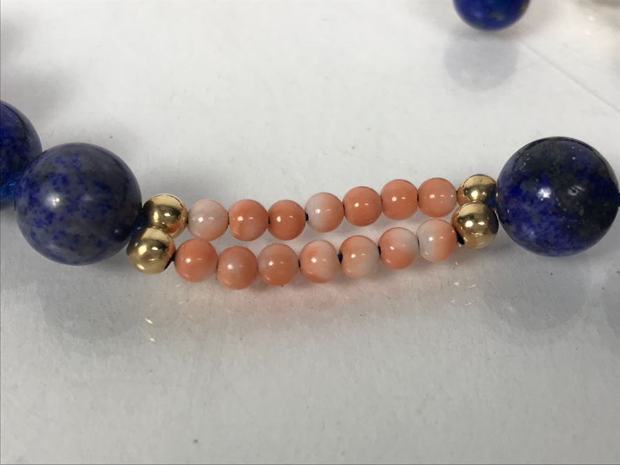 14k Gold Lapis Lazuli And Pink Coral Necklace, (2) 14k Gold Lapis Lazuli Pendants And 14k Gold Lapis Lazuli Bracelet 73.9g [Photo 6]