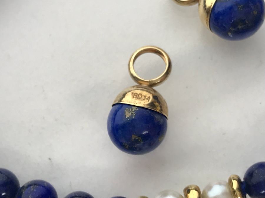 14k Gold Lapis Lazuli And Pink Coral Necklace, (2) 14k Gold Lapis Lazuli Pendants And 14k Gold Lapis Lazuli Bracelet 73.9g [Photo 14]