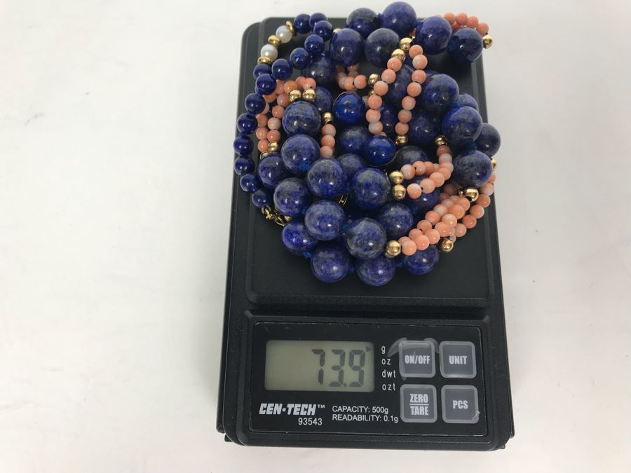 14k Gold Lapis Lazuli And Pink Coral Necklace, (2) 14k Gold Lapis Lazuli Pendants And 14k Gold Lapis Lazuli Bracelet 73.9g [Photo 16]