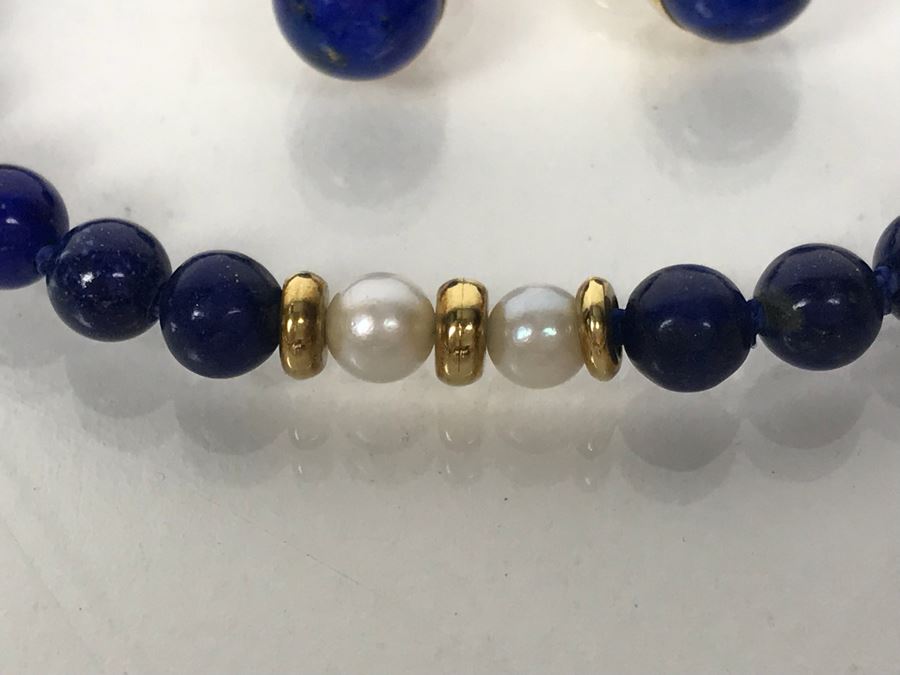 14k Gold Lapis Lazuli And Pink Coral Necklace, (2) 14k Gold Lapis Lazuli Pendants And 14k Gold Lapis Lazuli Bracelet 73.9g [Photo 12]