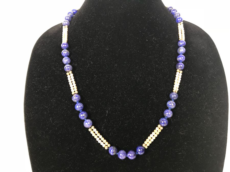 14k Gold Lapis Lazuli And Pink Coral Necklace, (2) 14k Gold Lapis Lazuli Pendants And 14k Gold Lapis Lazuli Bracelet 73.9g [Photo 3]