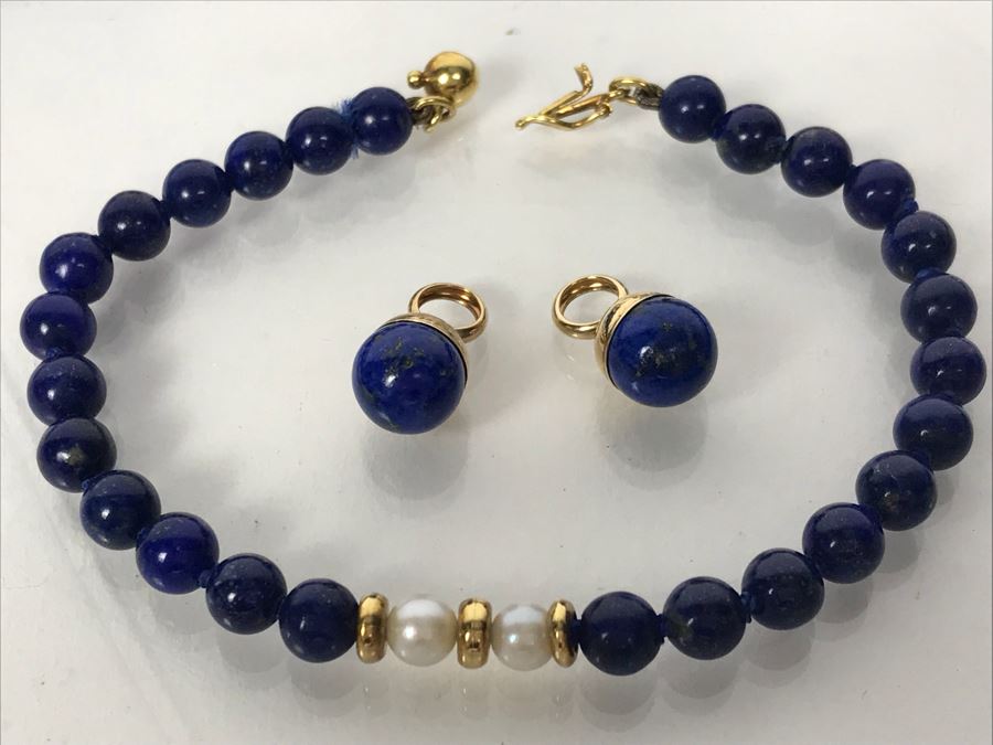 14k Gold Lapis Lazuli And Pink Coral Necklace, (2) 14k Gold Lapis Lazuli Pendants And 14k Gold Lapis Lazuli Bracelet 73.9g [Photo 10]