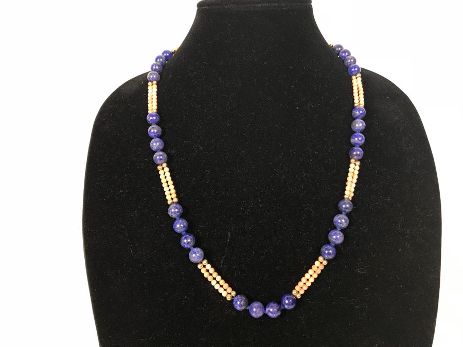 14k Gold Lapis Lazuli And Pink Coral Necklace, (2) 14k Gold Lapis Lazuli Pendants And 14k Gold Lapis Lazuli Bracelet 73.9g [Photo 2]
