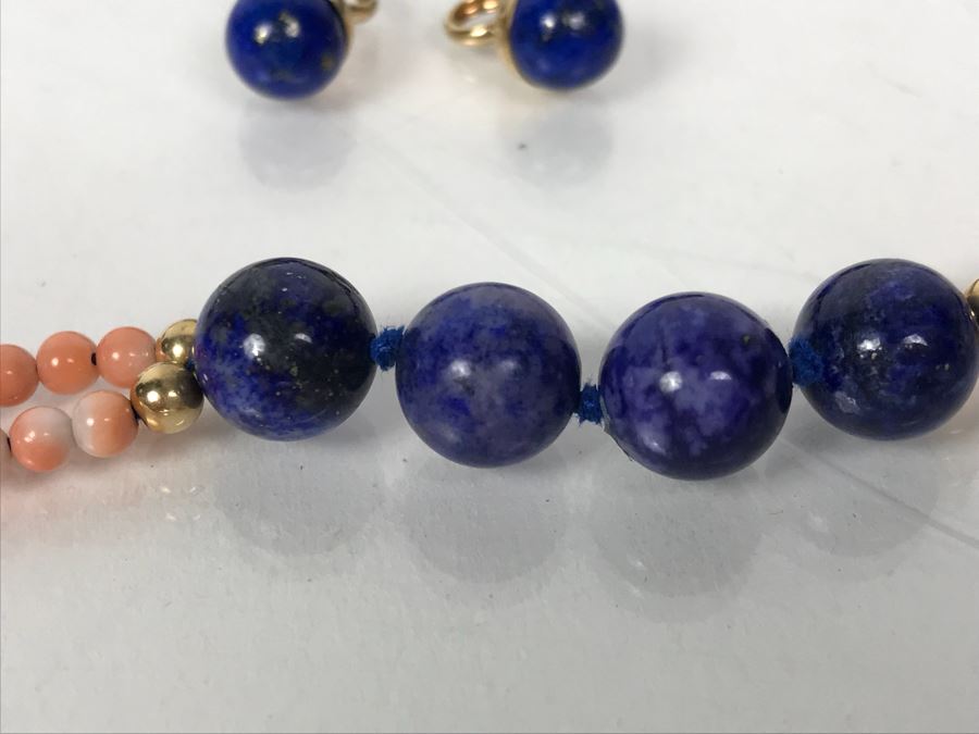 14k Gold Lapis Lazuli And Pink Coral Necklace, (2) 14k Gold Lapis Lazuli Pendants And 14k Gold Lapis Lazuli Bracelet 73.9g [Photo 7]