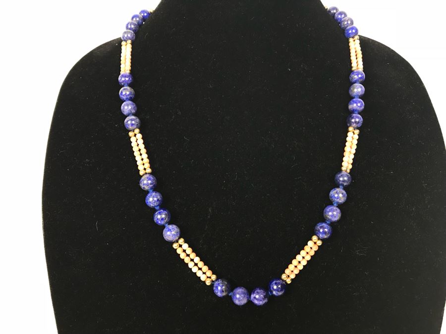 14k Gold Lapis Lazuli And Pink Coral Necklace, (2) 14k Gold Lapis Lazuli Pendants And 14k Gold Lapis Lazuli Bracelet 73.9g [Photo 5]