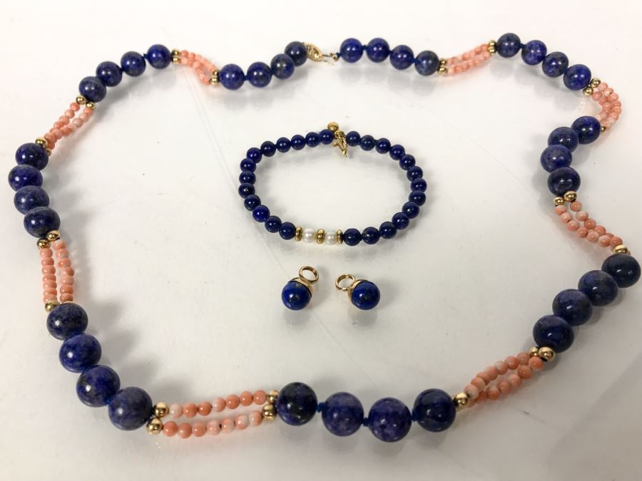 14k Gold Lapis Lazuli And Pink Coral Necklace, (2) 14k Gold Lapis Lazuli Pendants And 14k Gold Lapis Lazuli Bracelet 73.9g [Photo 1]