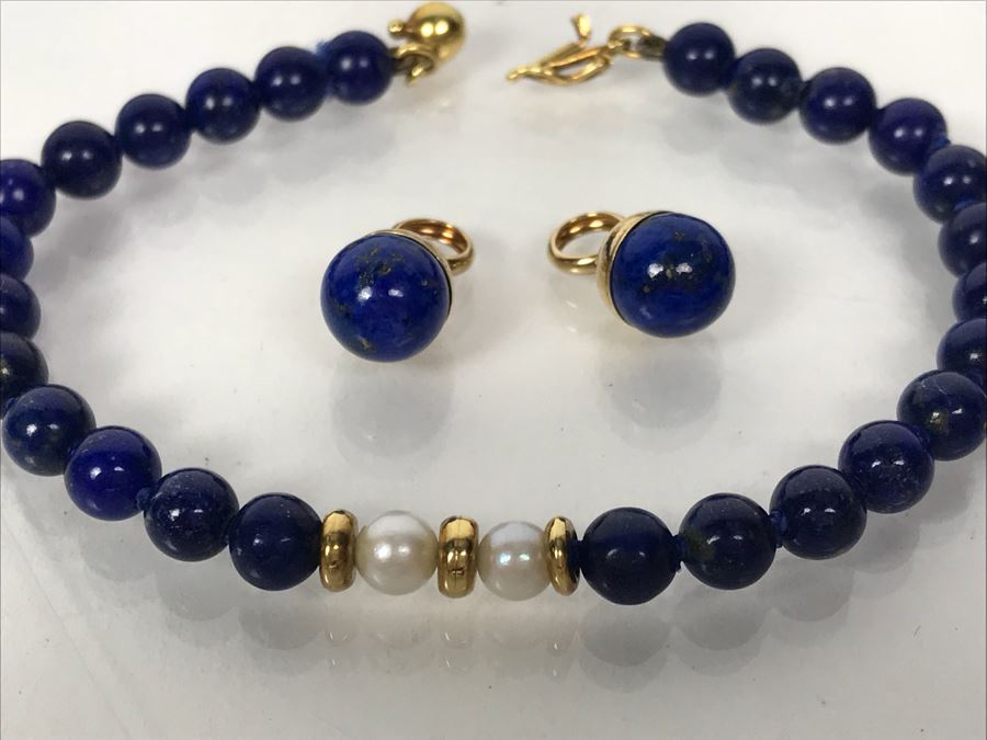 14k Gold Lapis Lazuli And Pink Coral Necklace, (2) 14k Gold Lapis Lazuli Pendants And 14k Gold Lapis Lazuli Bracelet 73.9g [Photo 11]