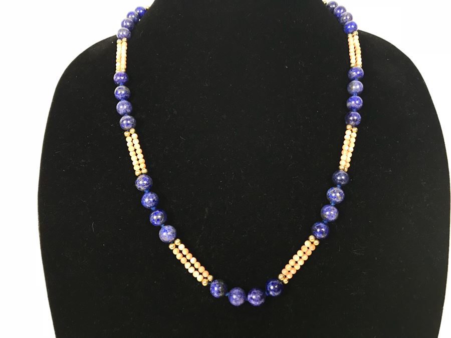 14k Gold Lapis Lazuli And Pink Coral Necklace, (2) 14k Gold Lapis Lazuli Pendants And 14k Gold Lapis Lazuli Bracelet 73.9g [Photo 4]