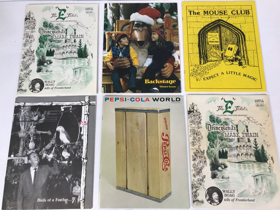 Vintage Dineyland Related Publications Including Pepsi-Cola World Feb 1963, (2) The 'E' Ticket Number 15 Disneyland's Mark Twain, Backstage At Disneyland 1974, The Mouse Club Disneyana Dreaming And Disneyland LINE 1986