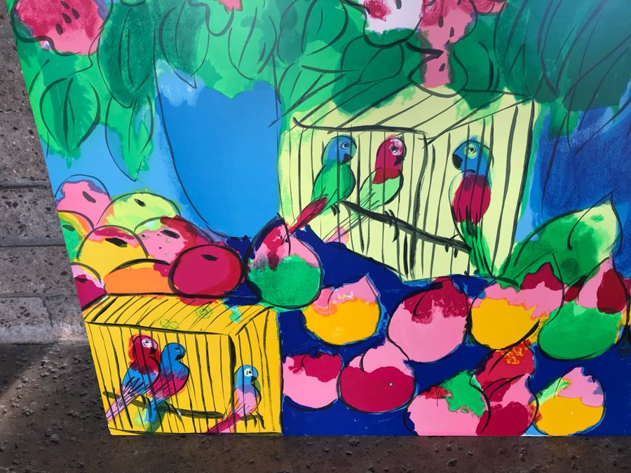 Walasse Ting Print With Flowers And Parrots - No Signature - No Dots Under Loop On Poster Board - Listed Chinese Artist - 5' X 46' [Photo 3]