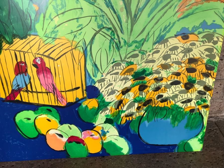 Walasse Ting Print With Flowers And Parrots - No Signature - No Dots Under Loop On Poster Board - Listed Chinese Artist - 5' X 46' [Photo 5]