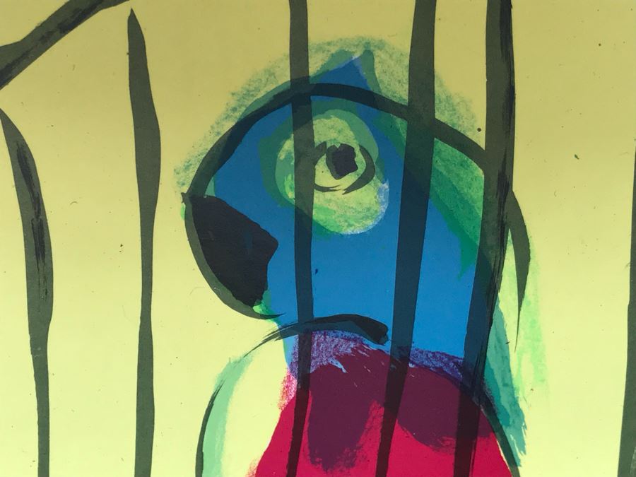 Walasse Ting Print With Flowers And Parrots - No Signature - No Dots Under Loop On Poster Board - Listed Chinese Artist - 5' X 46' [Photo 9]