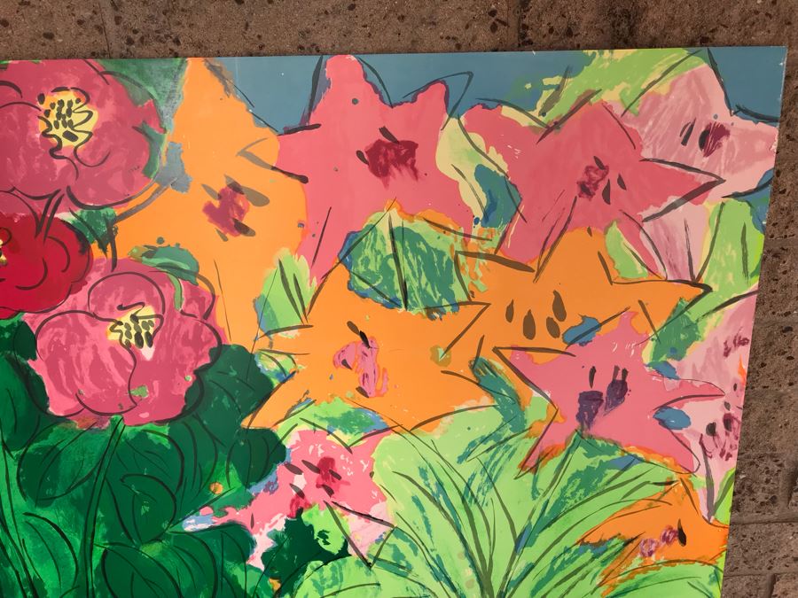 Walasse Ting Print With Flowers And Parrots - No Signature - No Dots Under Loop On Poster Board - Listed Chinese Artist - 5' X 46' [Photo 6]