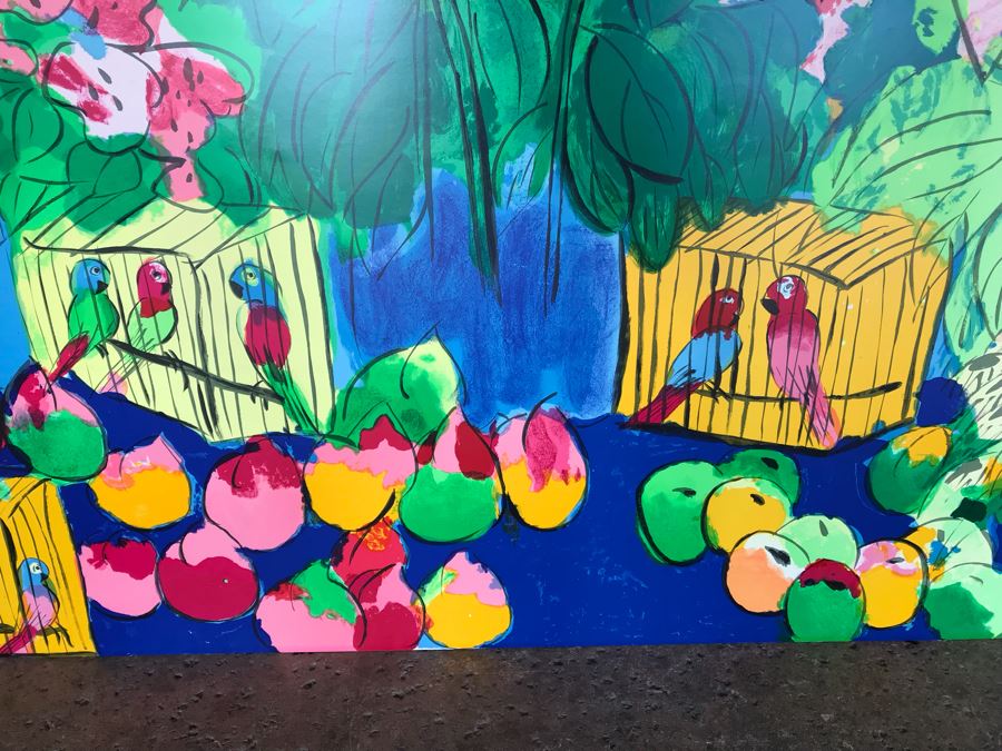 Walasse Ting Print With Flowers And Parrots - No Signature - No Dots Under Loop On Poster Board - Listed Chinese Artist - 5' X 46' [Photo 4]