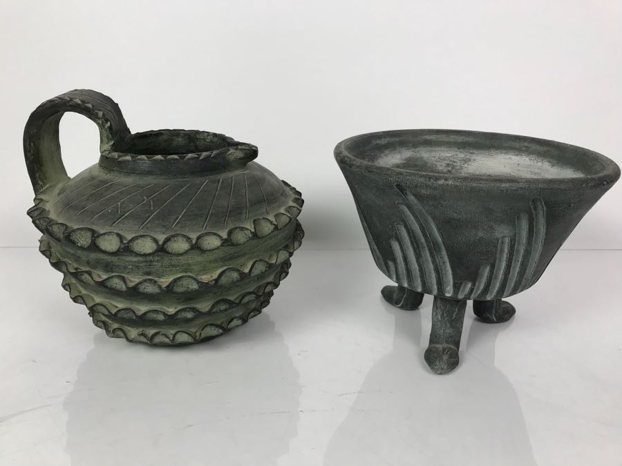 Amphora Gerona Espana Ceramic Vessel With Handle And 3-Footed Ceramic Bowl