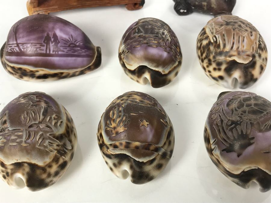 Collection Of (6) Carved Shells, Carved Wooden Horse And Carved Stone Turtle [Photo 2]