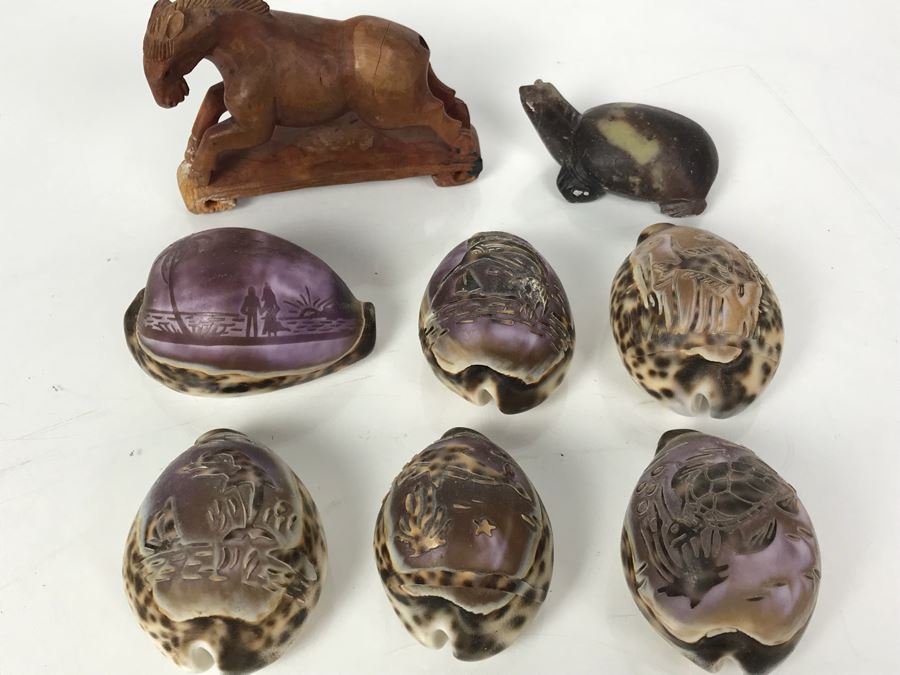 Collection Of (6) Carved Shells, Carved Wooden Horse And Carved Stone Turtle