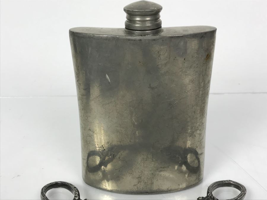 Vintage English Pewter Made In Sheffield England Flask And Vintage Sewing Scissors [Photo 4]