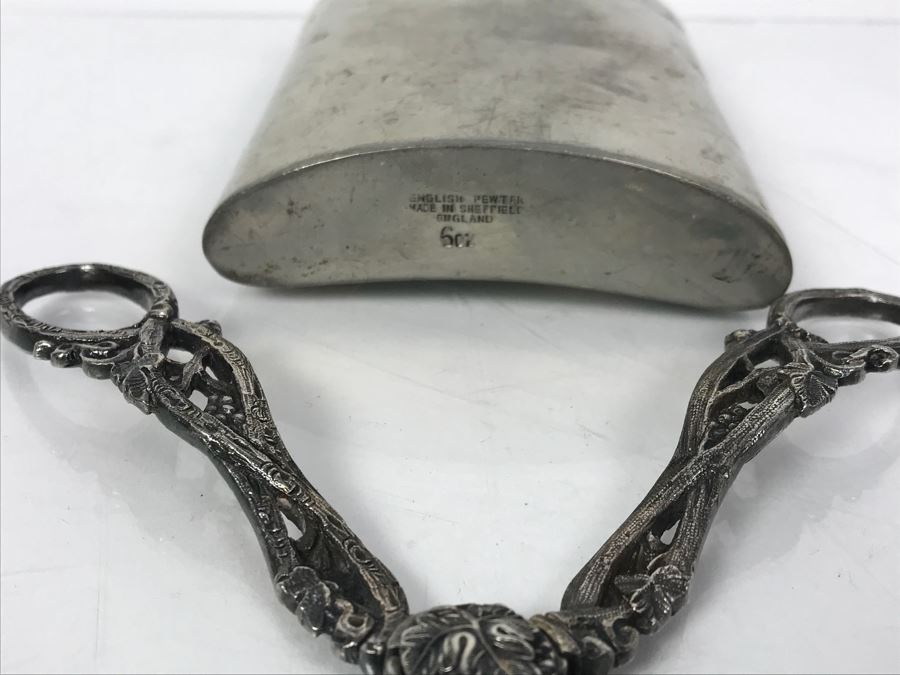 Vintage English Pewter Made In Sheffield England Flask And Vintage Sewing Scissors [Photo 6]