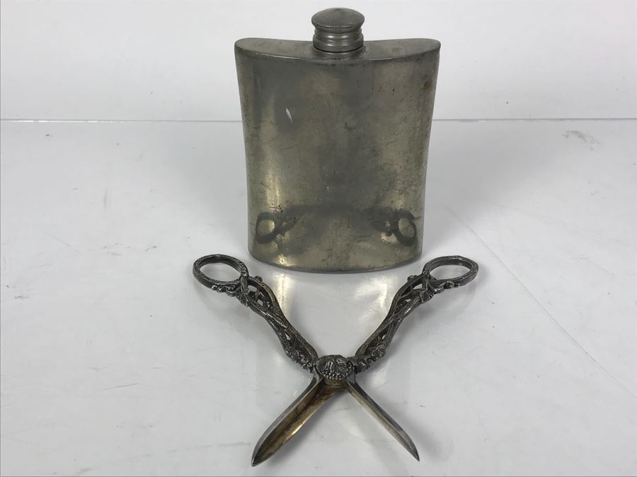 Vintage English Pewter Made In Sheffield England Flask And Vintage Sewing Scissors [Photo 1]