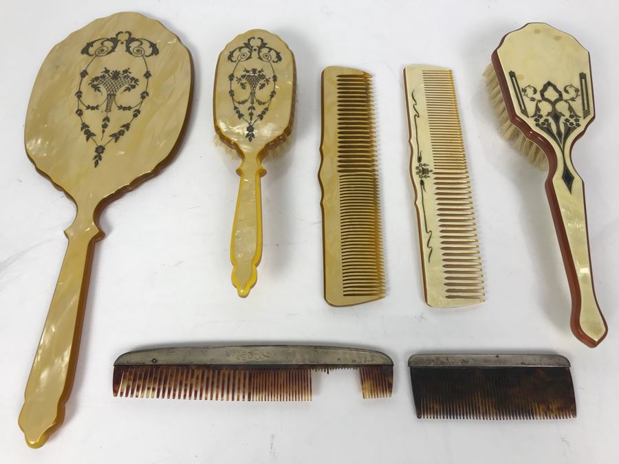 Collection Of Vintage Brushes, Combs, Handheld Vanity Mirror And Pair Of Sterling Silver Handled Combs