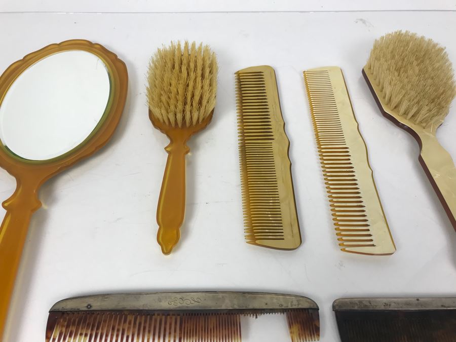 Collection Of Vintage Brushes, Combs, Handheld Vanity Mirror And Pair ...