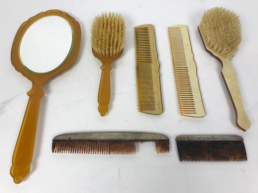 Collection Of Vintage Brushes, Combs, Handheld Vanity Mirror And Pair Of Sterling Silver Handled Combs [Photo 12]