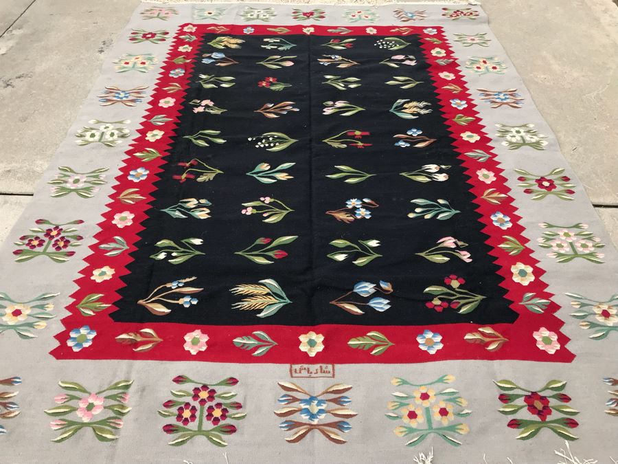 Signed Vintage Persian Kilim Hand Knotted Wool Rug In Floral Pattern 7'5' X 10' [Photo 4]
