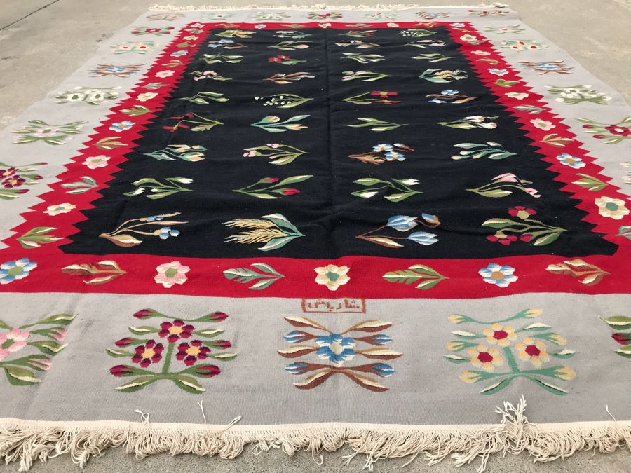Signed Vintage Persian Kilim Hand Knotted Wool Rug In Floral Pattern 7'5' X 10' [Photo 5]