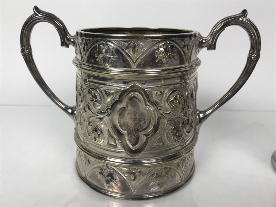 Antique English Hallmarked Silverplate Loving Cup Double Handled And Hallmarked Silverplate Creamer Cup Made In Sheffield England [Photo 2]