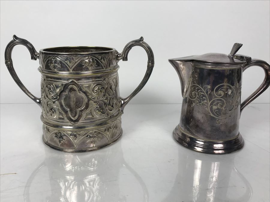 Antique English Hallmarked Silverplate Loving Cup Double Handled And Hallmarked Silverplate Creamer Cup Made In Sheffield England