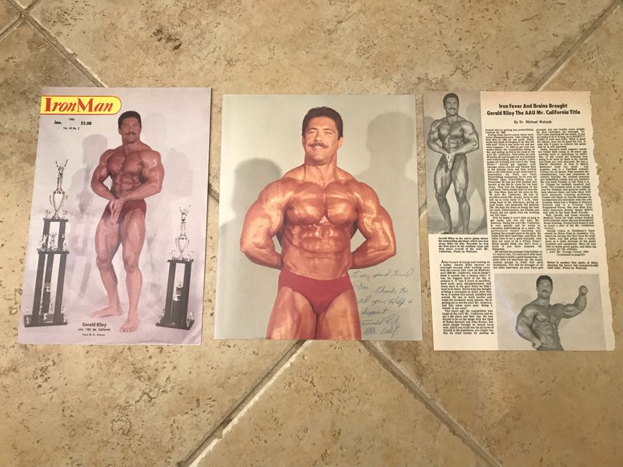 Vintage Signed Gerald Riley Mr. California Signed 8X10 Photograph And Cover Of Iron Man Magazine Showing Gerald Riley Cover Photograph Credited To Photographer Dr. Michael Walczak [Photo 1]