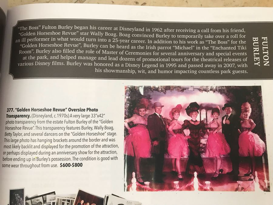 'Golden Horseshoe Revue' Oversize Photo Transparency From Disneyland Park c. 1970s Featuring Fulton Burley 33' X 42' Estimate $600-$800 [Photo 1]