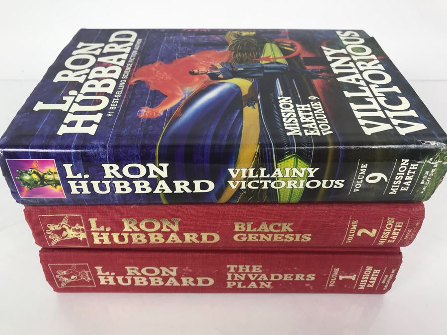 Hardcover First Edition Books By L. Ron Hubbard: Mission Earth Volumes 1 'The Invaders Plane', 2 'Black Genesis' And 9 'Villainy Victorious'