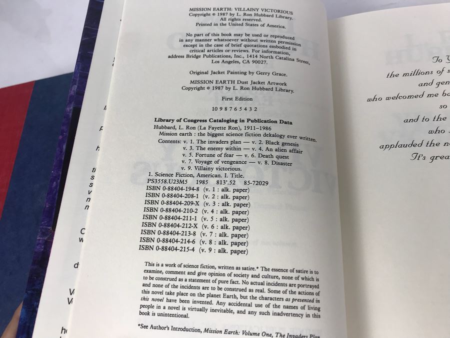 Hardcover First Edition Books By L. Ron Hubbard: Mission Earth Volumes 1 'The Invaders Plane', 2 'Black Genesis' And 9 'Villainy Victorious' [Photo 8]