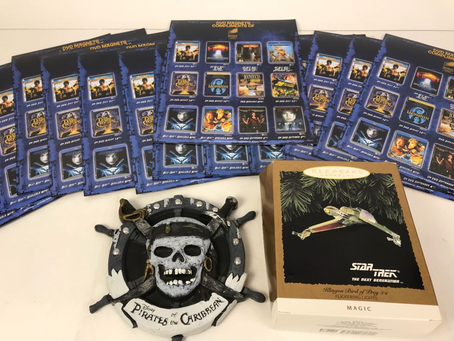 Disney Pirates Of The Caribbean Promotional Plaque, Star Trek Hallmark Ornament And Collection Of SONY DVD Magnets Of Close Encounters, The Dark Crystal, Labrinth, The Fifth Element [Photo 2]