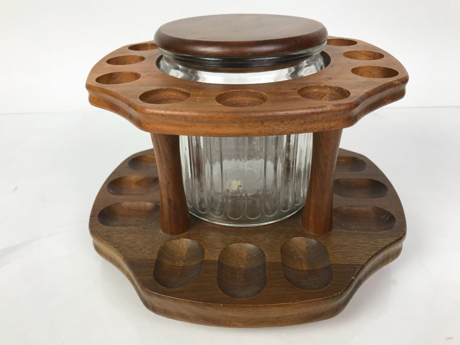 Vintage Wooden Rotating Tobacco Pipe Holder With Tobacco Jar [Photo 1]