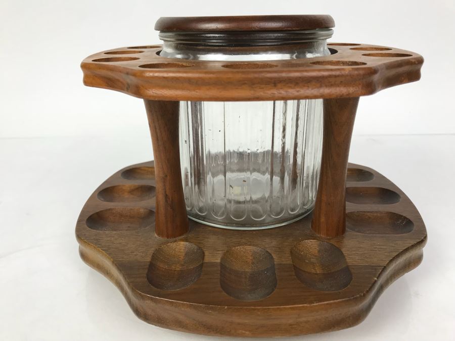 Vintage Wooden Rotating Tobacco Pipe Holder With Tobacco Jar [Photo 3]