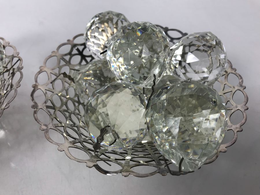 JUST ADDED - Pair Of Silverplate Dishes Filled With Faceted Glass Crystal Balls Prisms Chandelier Parts Hanging Pendants [Photo 5]