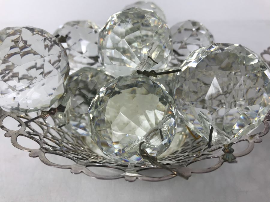 JUST ADDED - Pair Of Silverplate Dishes Filled With Faceted Glass Crystal Balls Prisms Chandelier Parts Hanging Pendants [Photo 7]