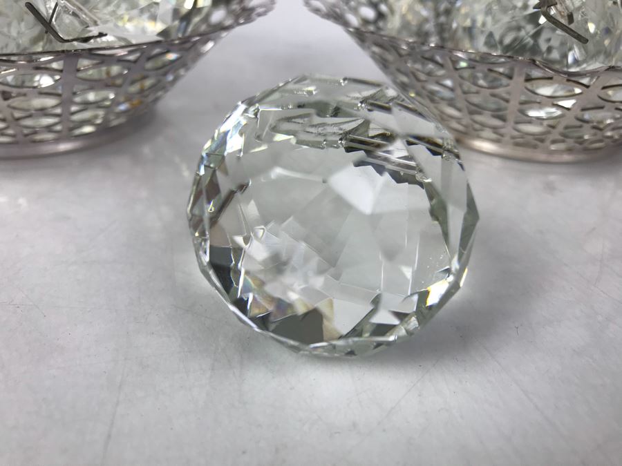 JUST ADDED - Pair Of Silverplate Dishes Filled With Faceted Glass Crystal Balls Prisms Chandelier Parts Hanging Pendants [Photo 11]