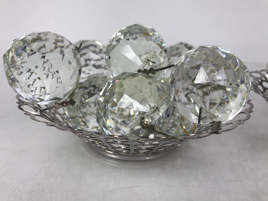 JUST ADDED - Pair Of Silverplate Dishes Filled With Faceted Glass Crystal Balls Prisms Chandelier Parts Hanging Pendants [Photo 3]
