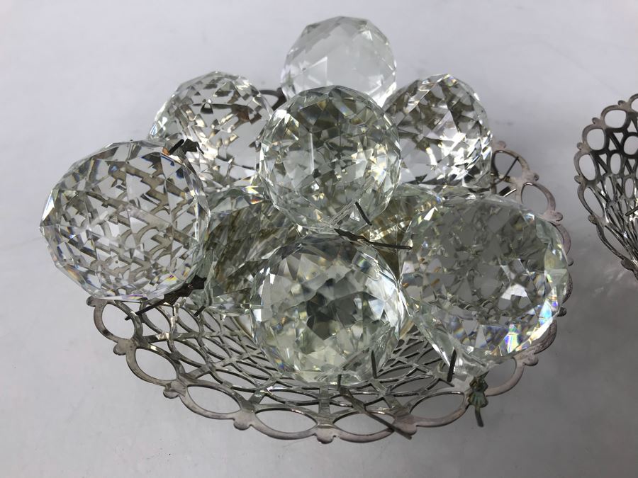 JUST ADDED - Pair Of Silverplate Dishes Filled With Faceted Glass Crystal Balls Prisms Chandelier Parts Hanging Pendants [Photo 6]