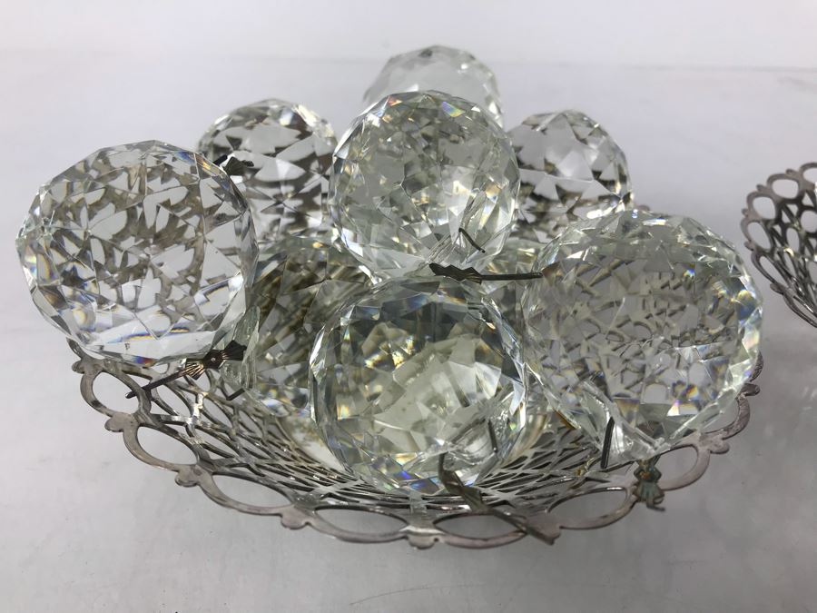 JUST ADDED - Pair Of Silverplate Dishes Filled With Faceted Glass Crystal Balls Prisms Chandelier Parts Hanging Pendants [Photo 2]