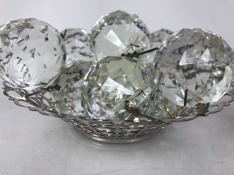 JUST ADDED - Pair Of Silverplate Dishes Filled With Faceted Glass Crystal Balls Prisms Chandelier Parts Hanging Pendants [Photo 8]