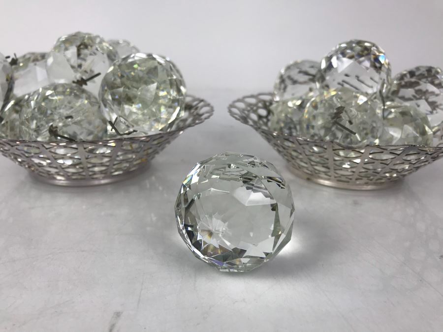 JUST ADDED - Pair Of Silverplate Dishes Filled With Faceted Glass Crystal Balls Prisms Chandelier Parts Hanging Pendants [Photo 12]