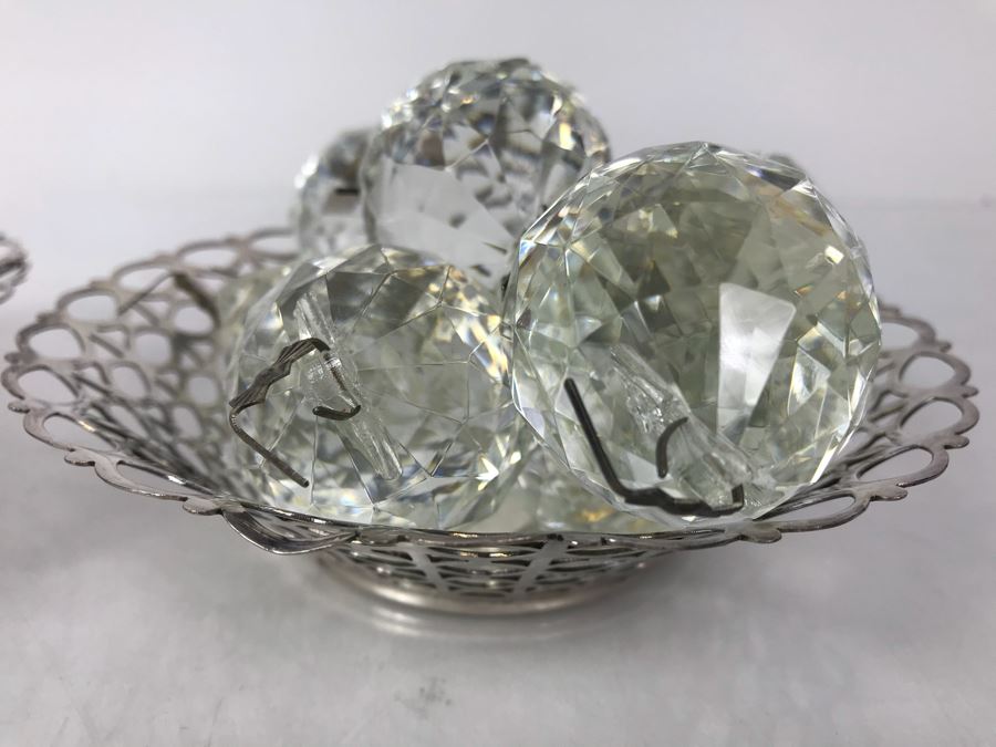 JUST ADDED - Pair Of Silverplate Dishes Filled With Faceted Glass Crystal Balls Prisms Chandelier Parts Hanging Pendants [Photo 4]