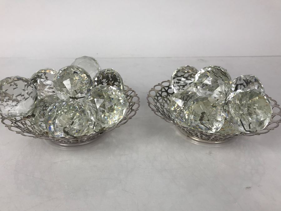 JUST ADDED - Pair Of Silverplate Dishes Filled With Faceted Glass Crystal Balls Prisms Chandelier Parts Hanging Pendants