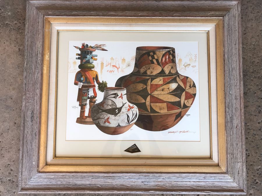 JUST ADDED - Original Michael C. McCullough Watercolor Painting With Antique 1100-1250 Indian Pottery Sherd (Also Original Pen And Ink Drawing On Back) 35' X 31'