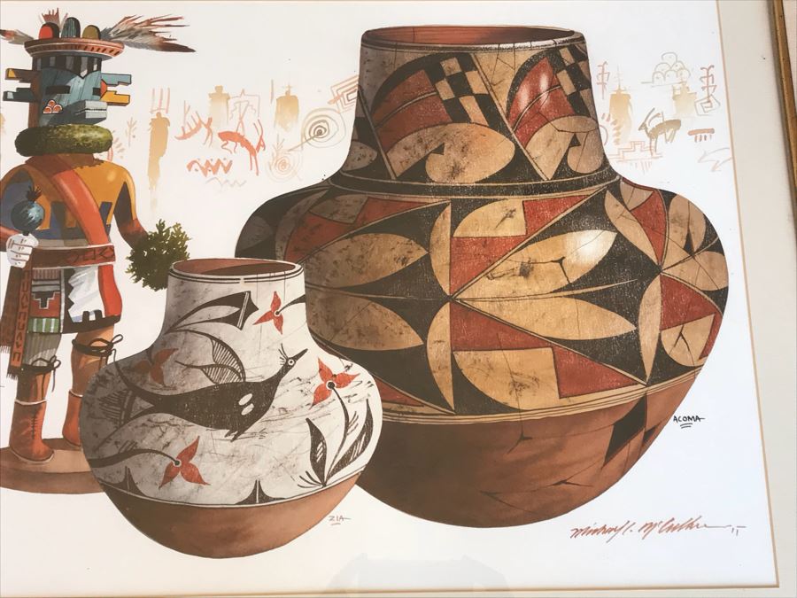 JUST ADDED - Original Michael C. McCullough Watercolor Painting With Antique 1100-1250 Indian Pottery Sherd (Also Original Pen And Ink Drawing On Back) 35' X 31' [Photo 14]